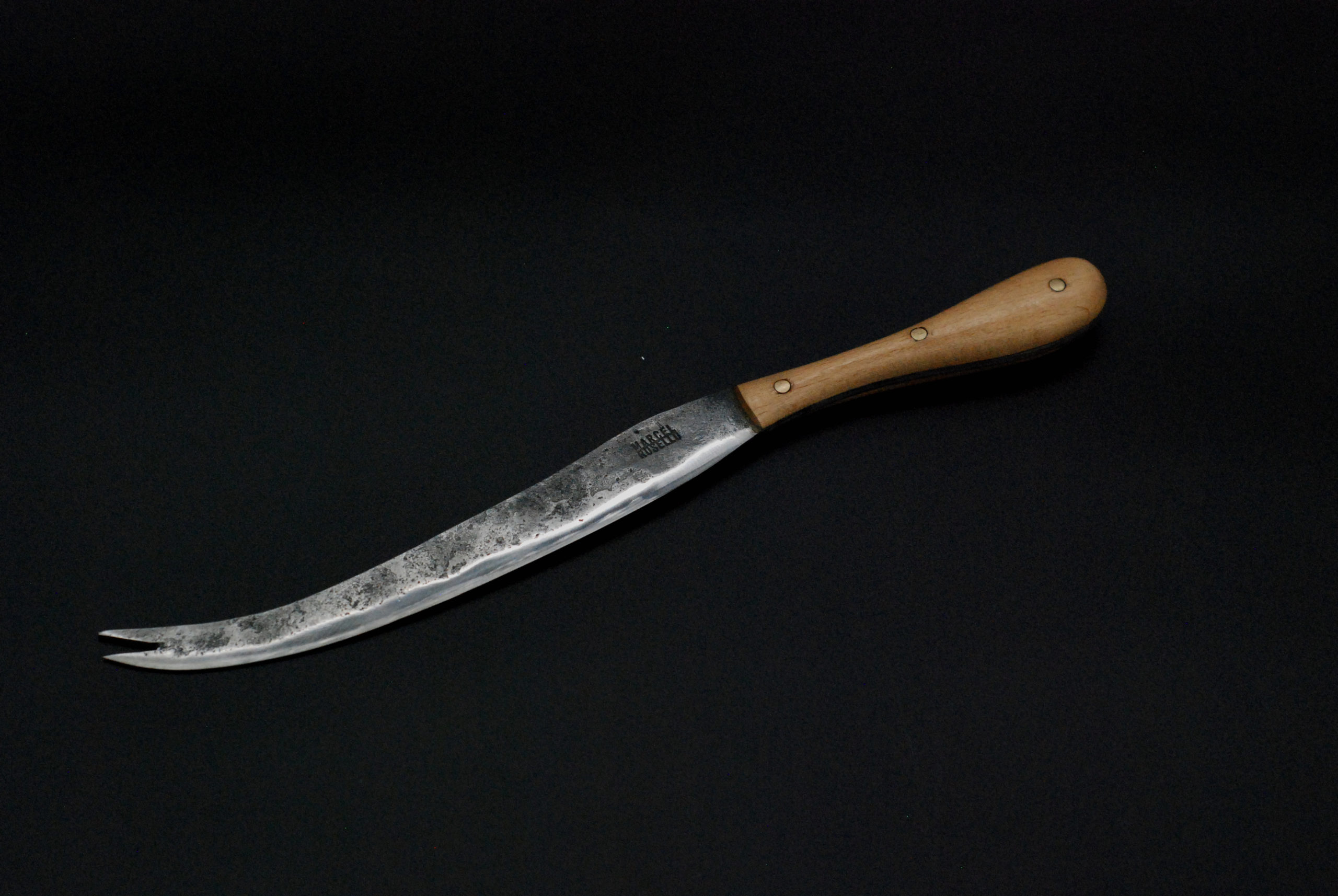 Cheese knife with fork tip. 100 mm, beech wooden handle
